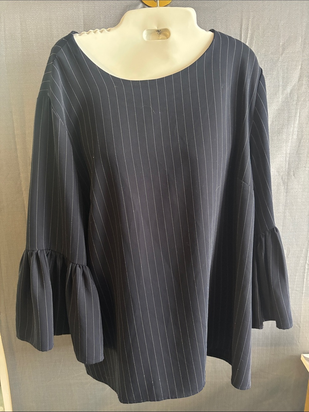 Calvin Klein Navy with White Pinstripes Blouse with Bell cuffs